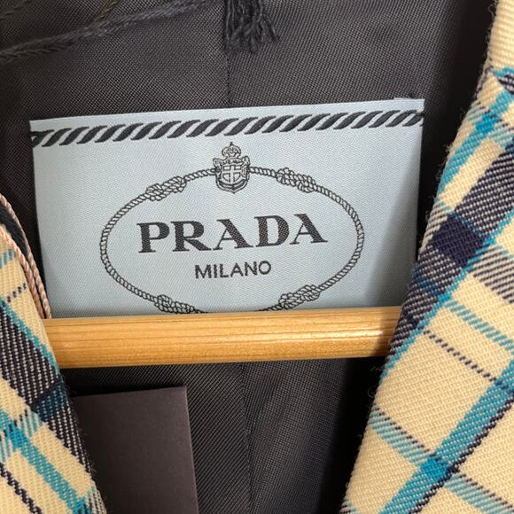 PRADA Double Breasted Gabardine Check Plaid Blazer Jacket Azzuro Blue Cream 2019 - Picture 6 of 12
